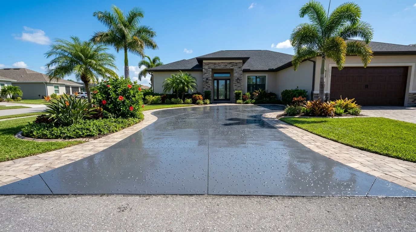 Freshly sealed concrete driveway with a clean wet-look finish on a Fort Myers home