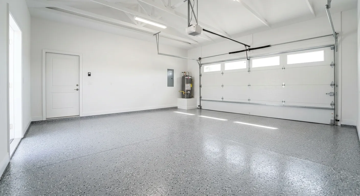 Freshly coated epoxy garage floor in a newly rebuilt Port Charlotte, FL home