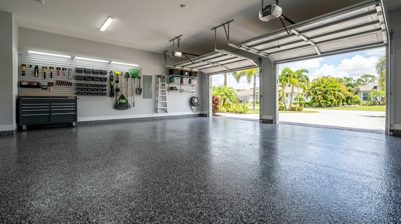 Three-car garage with a flake floor coating