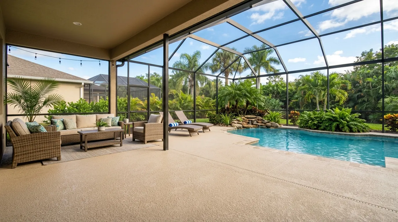Resurfaced screened lanai patio coating in a Fort Myers, FL home, textured and bright