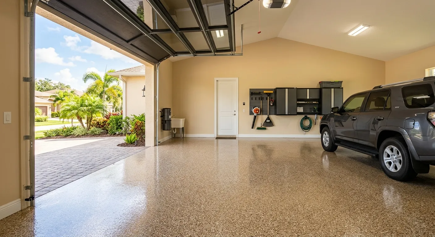 Glossy flake-epoxy two-car garage floor in a Fort Myers, Florida home
