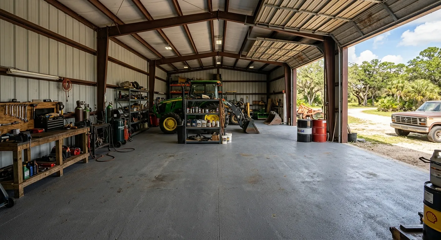 Durable flake-epoxy garage and workshop floor in a LaBelle, Florida ranch property