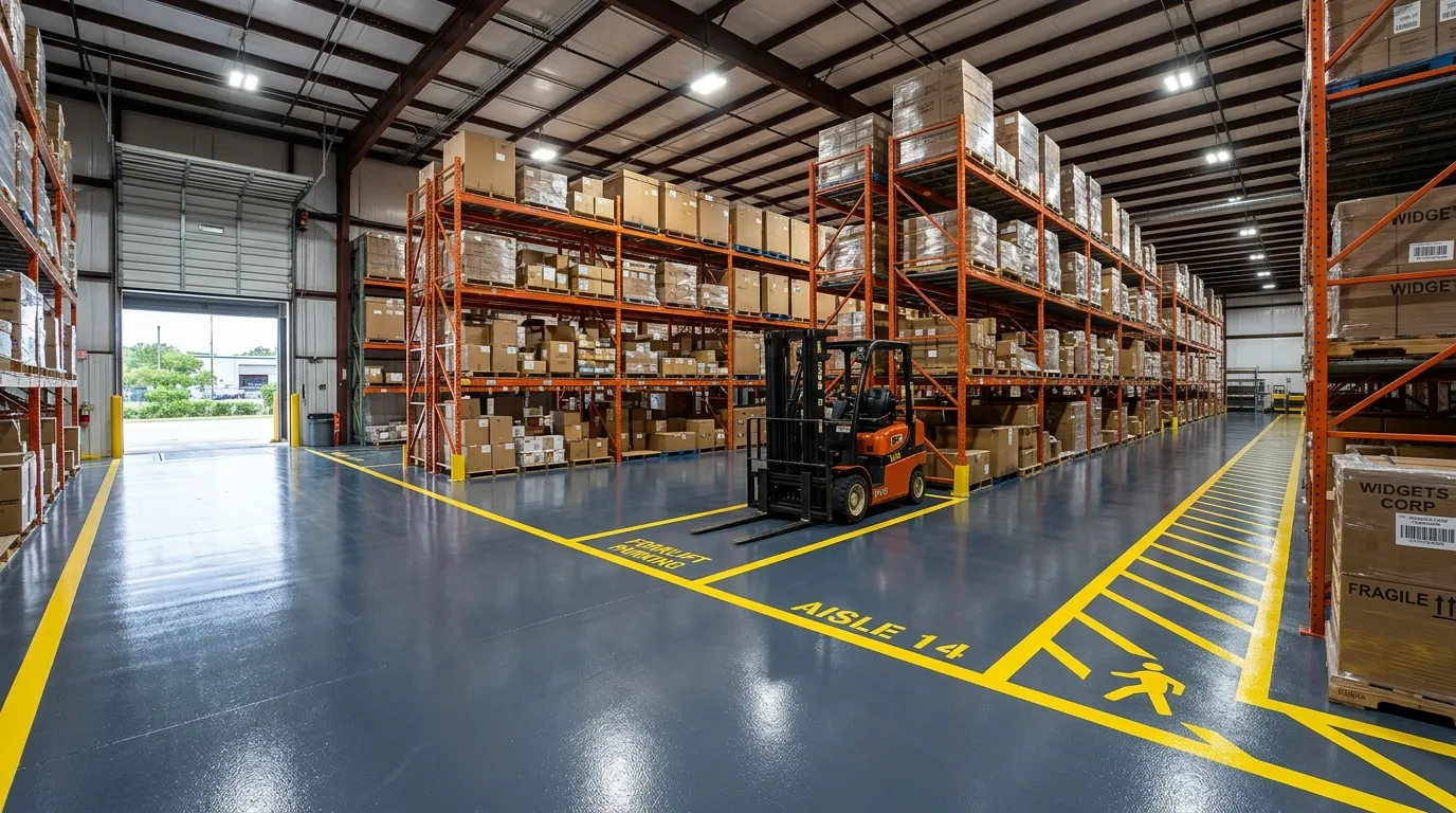 Forklift-rated polyurea warehouse floor with bright aisle striping in a Fort Myers distribution center