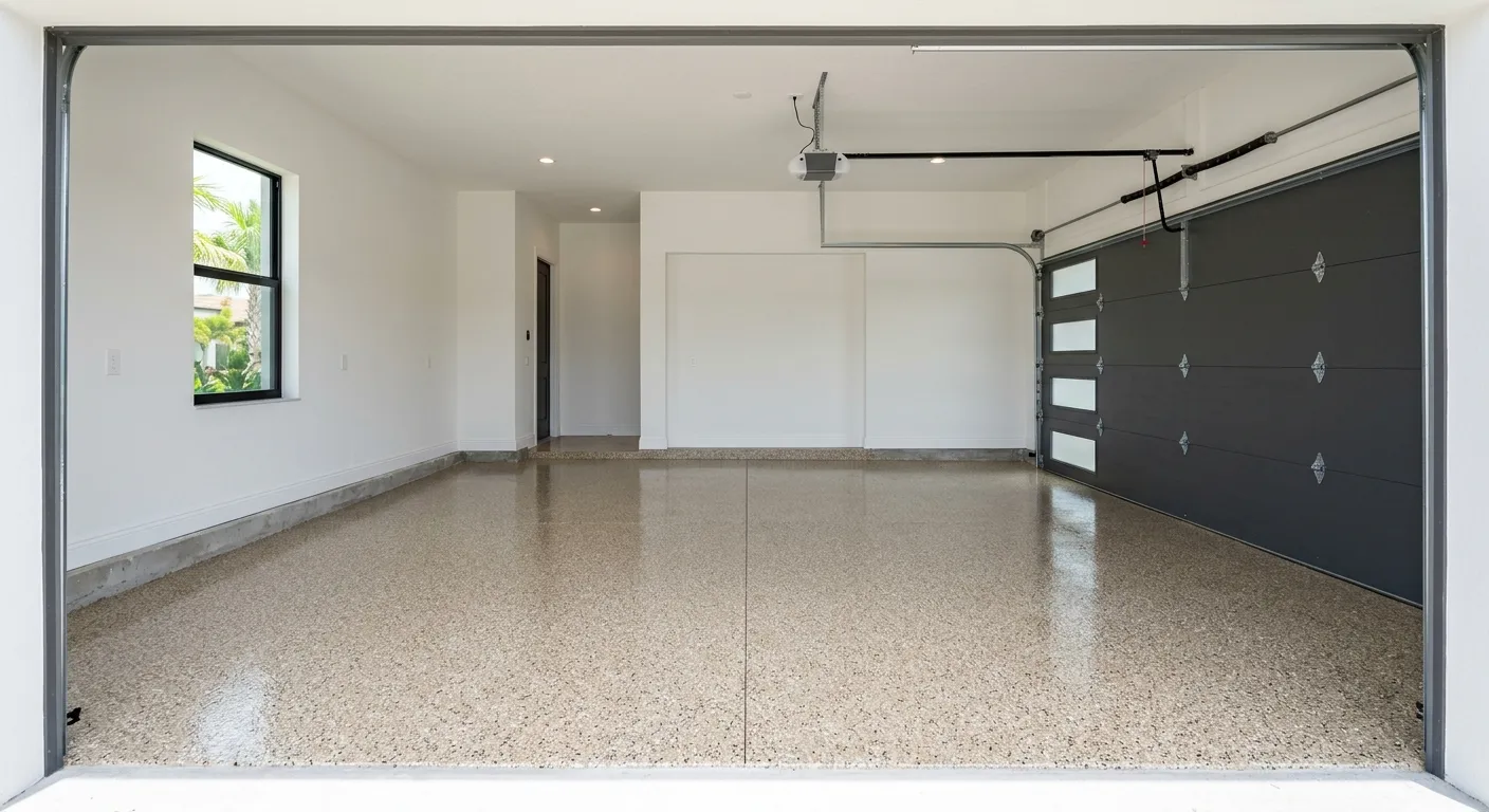Glossy flake-epoxy garage floor in a new-construction Ave Maria, Florida home