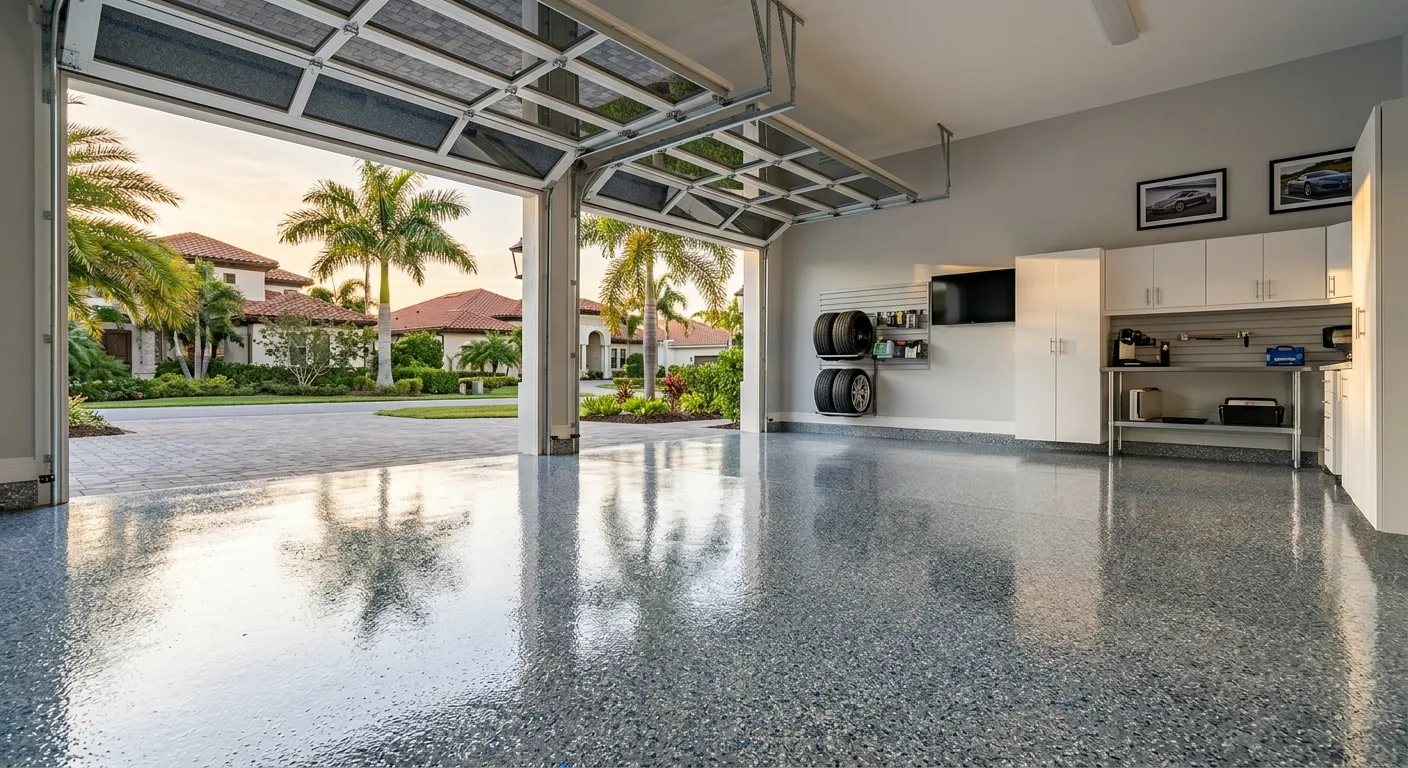 Flake-coated lanai and garage floor in a Pelican Landing-area Bonita Springs home