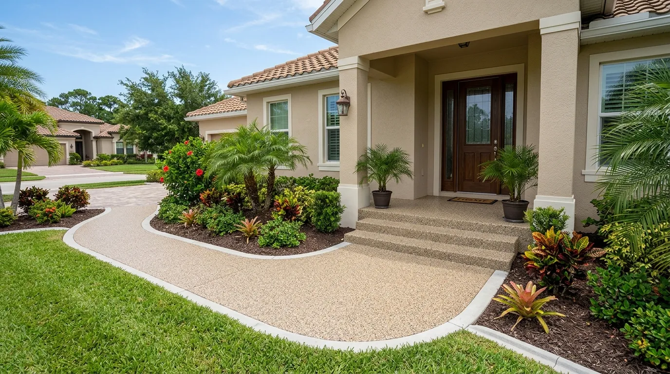 Freshly coated front porch and walkway with a decorative finish at a Fort Myers, FL home