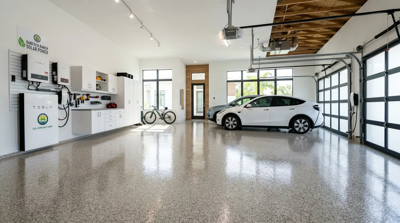 Glossy flake-epoxy garage floor in a new-construction Babcock Ranch, Florida home