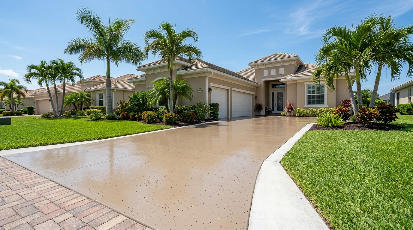 Freshly coated UV-stable polyaspartic driveway at a Fort Myers, FL home