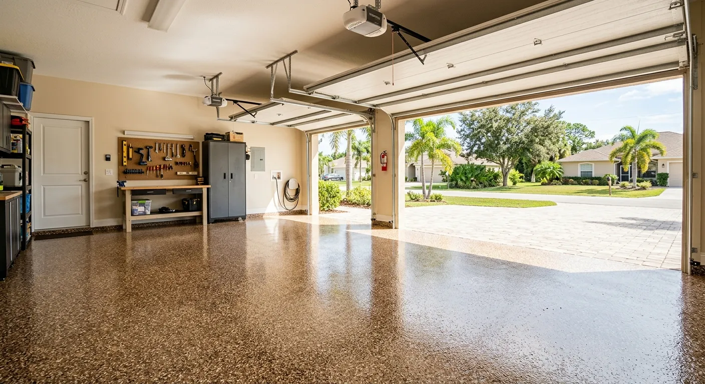 Glossy flake-epoxy garage floor in a Lehigh Acres, Florida ranch home