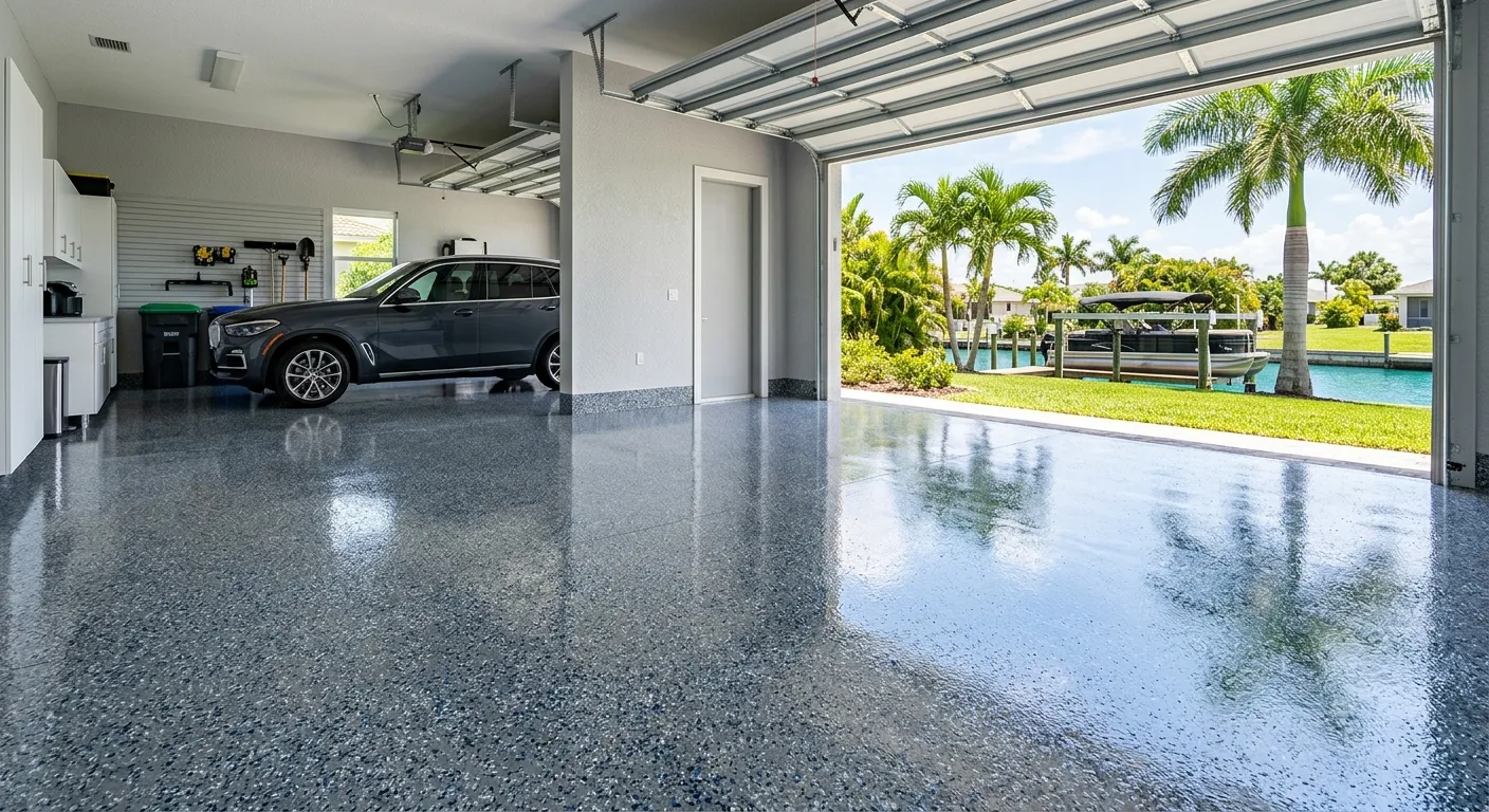 High-gloss flake epoxy garage floor in a Cape Coral, Florida canal-front home
