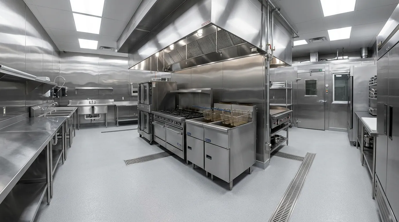 Seamless urethane-cement floor with integral coving in a Fort Myers commercial kitchen