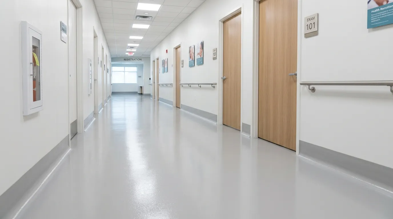 Seamless antimicrobial medical floor coating with integral cove in a clinic corridor