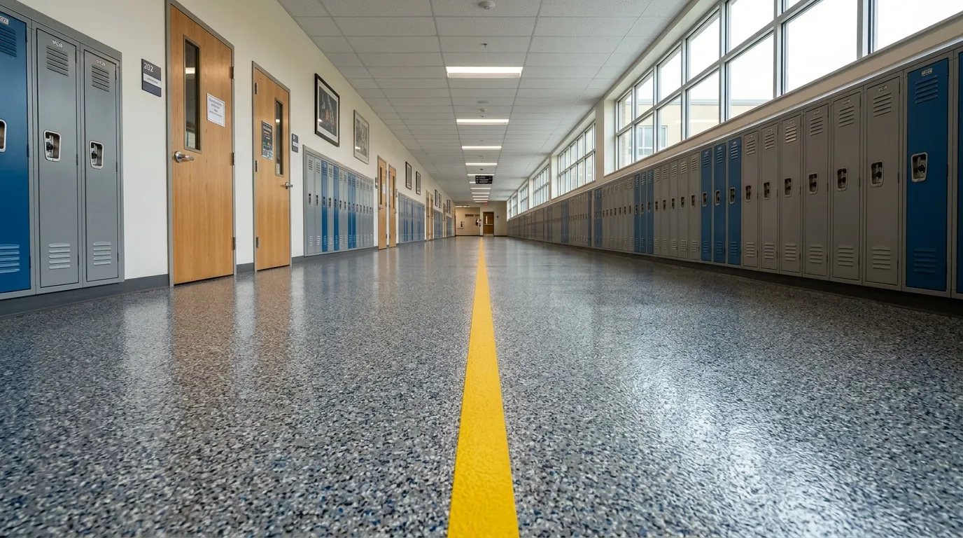 High-build flake floor in a school hallway with traffic-lane line marking