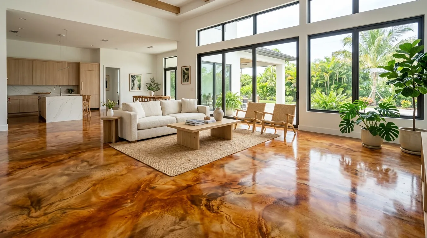Variegated acid-stained great-room floor in a Southwest Florida home
