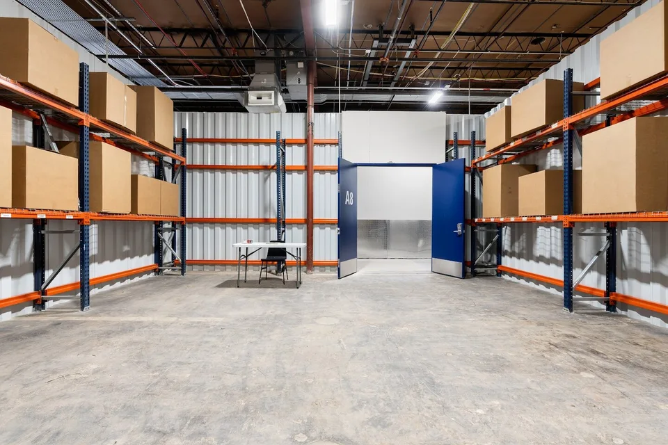 Industrial racking inside a WareSpace small-warehouse unit set up for ecommerce fulfillment