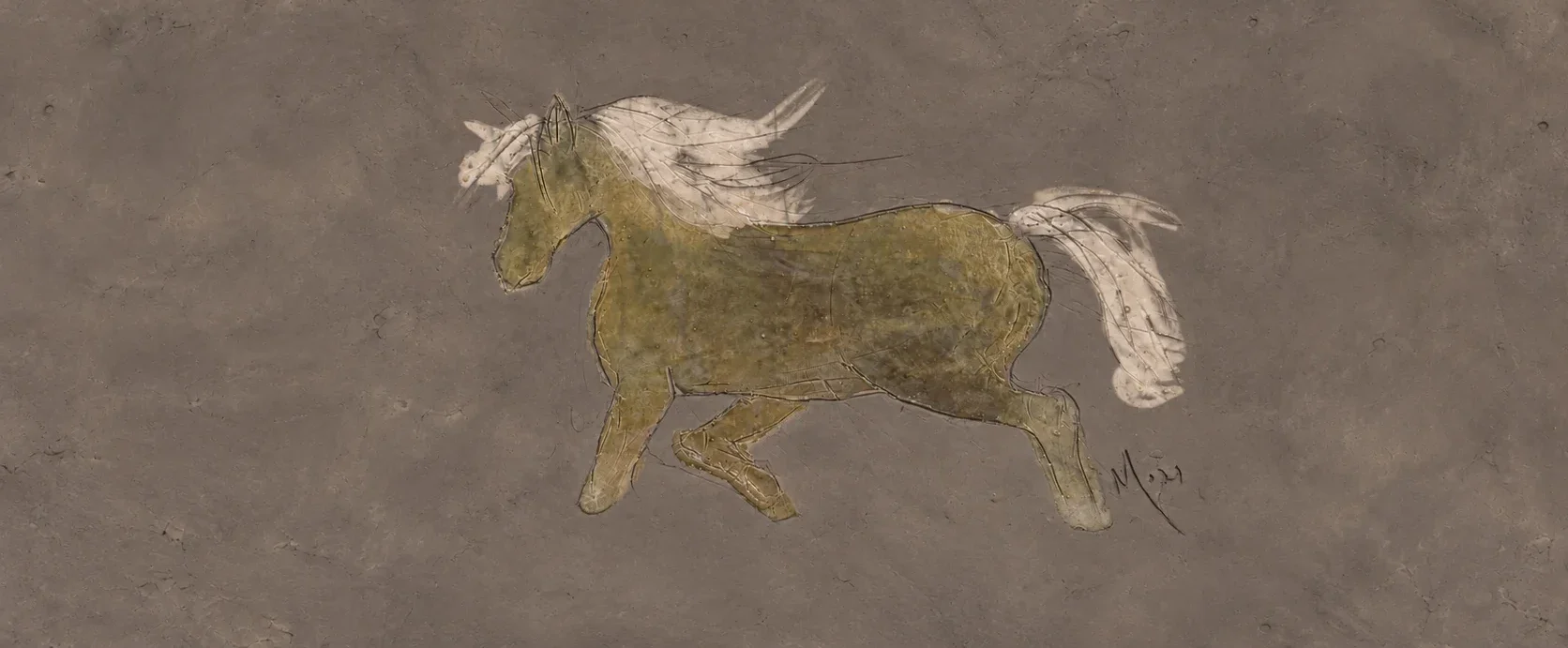 A running horse in olive and ivory, worked into a textured gray-brown ceramic surface