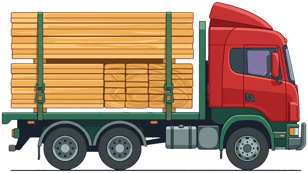 Simplified illustration of a modern flatbed truck carrying secured timber packs.