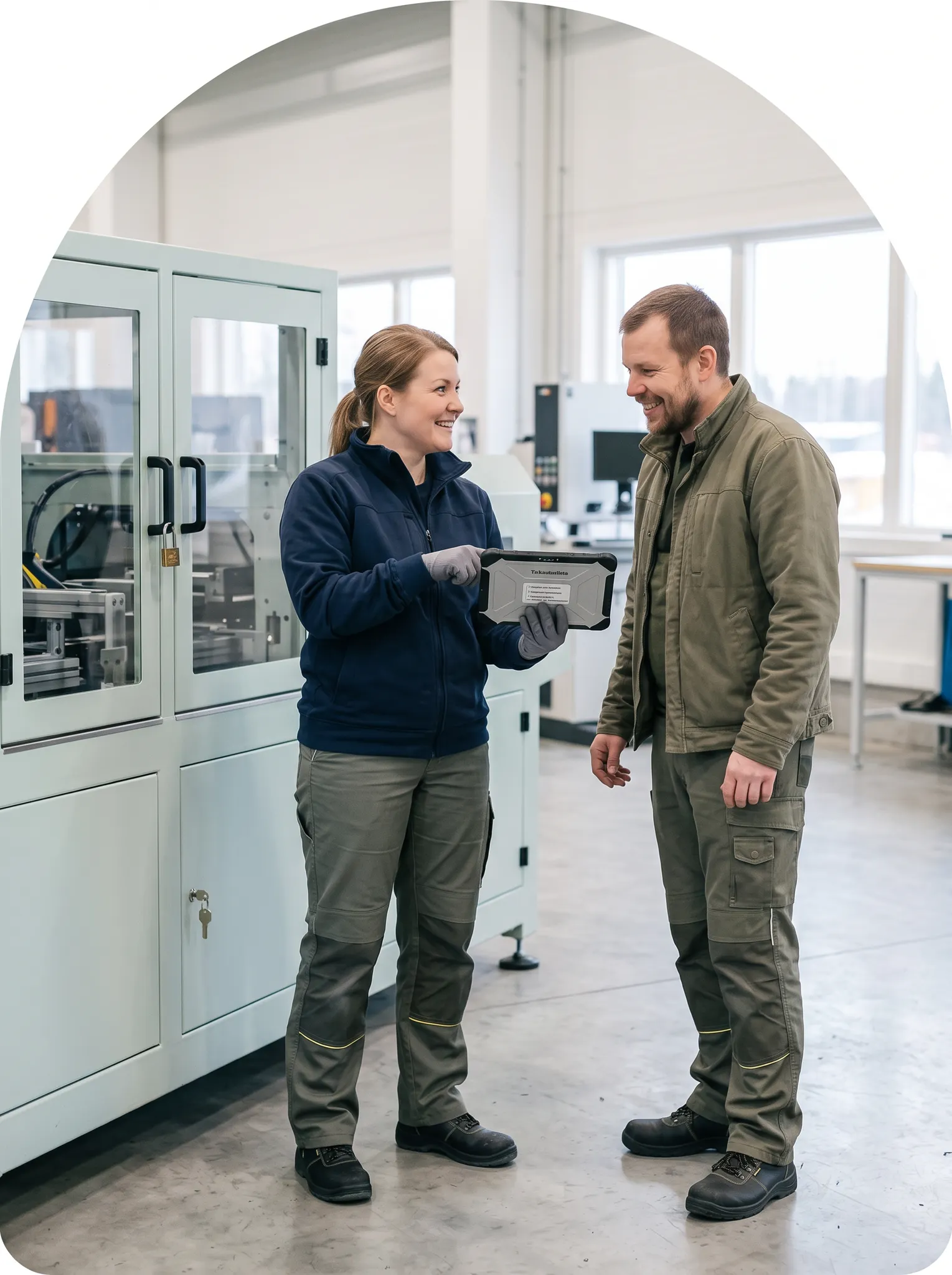 Työpari keskustelee turvallisuudesta tabletin äärellä valoisassa työpajassa
