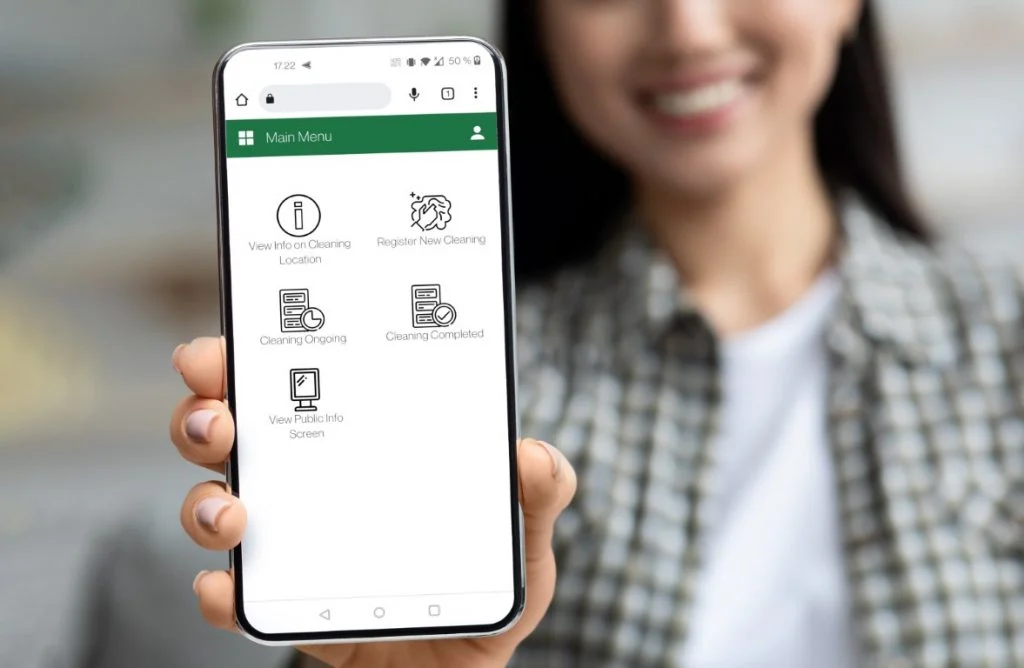 Original Nomis CleanDesk mobile application menu with cleaning tasks and information display