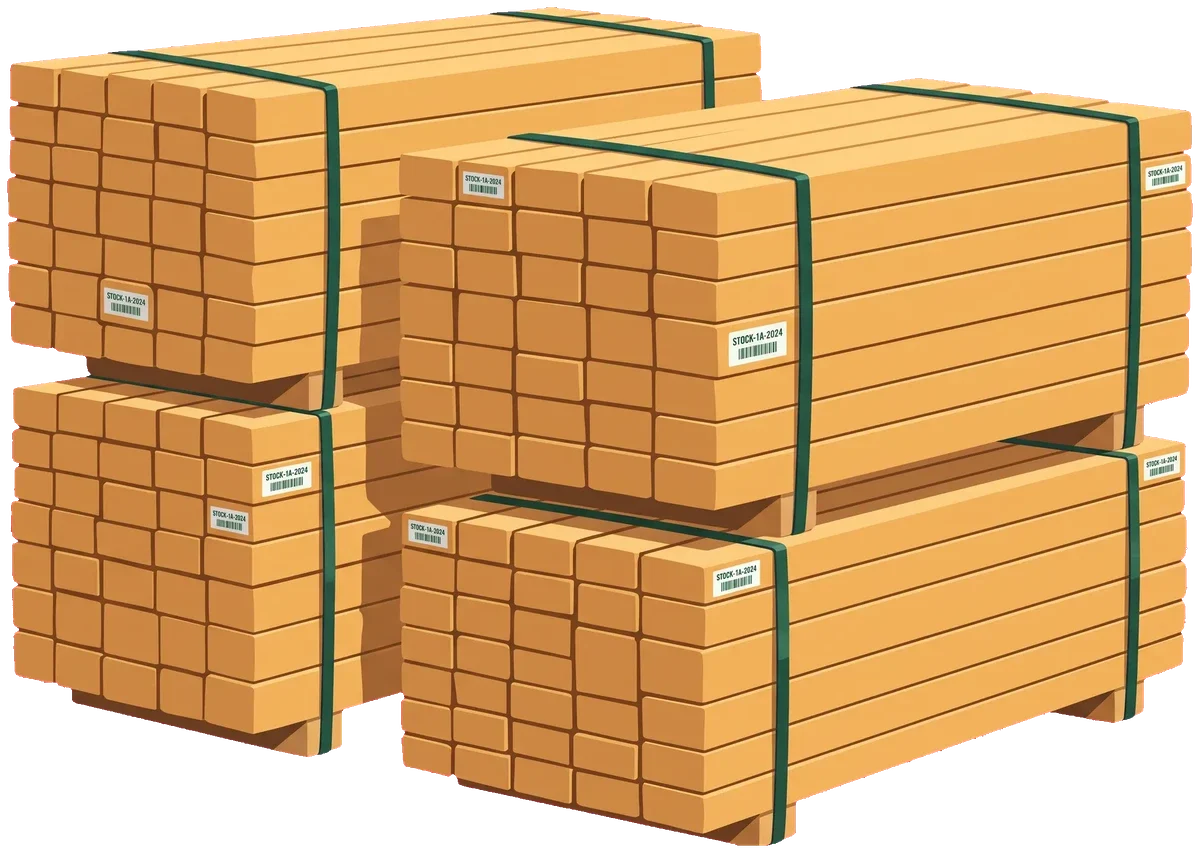 Illustration of individually strapped timber packs with a stock tag.