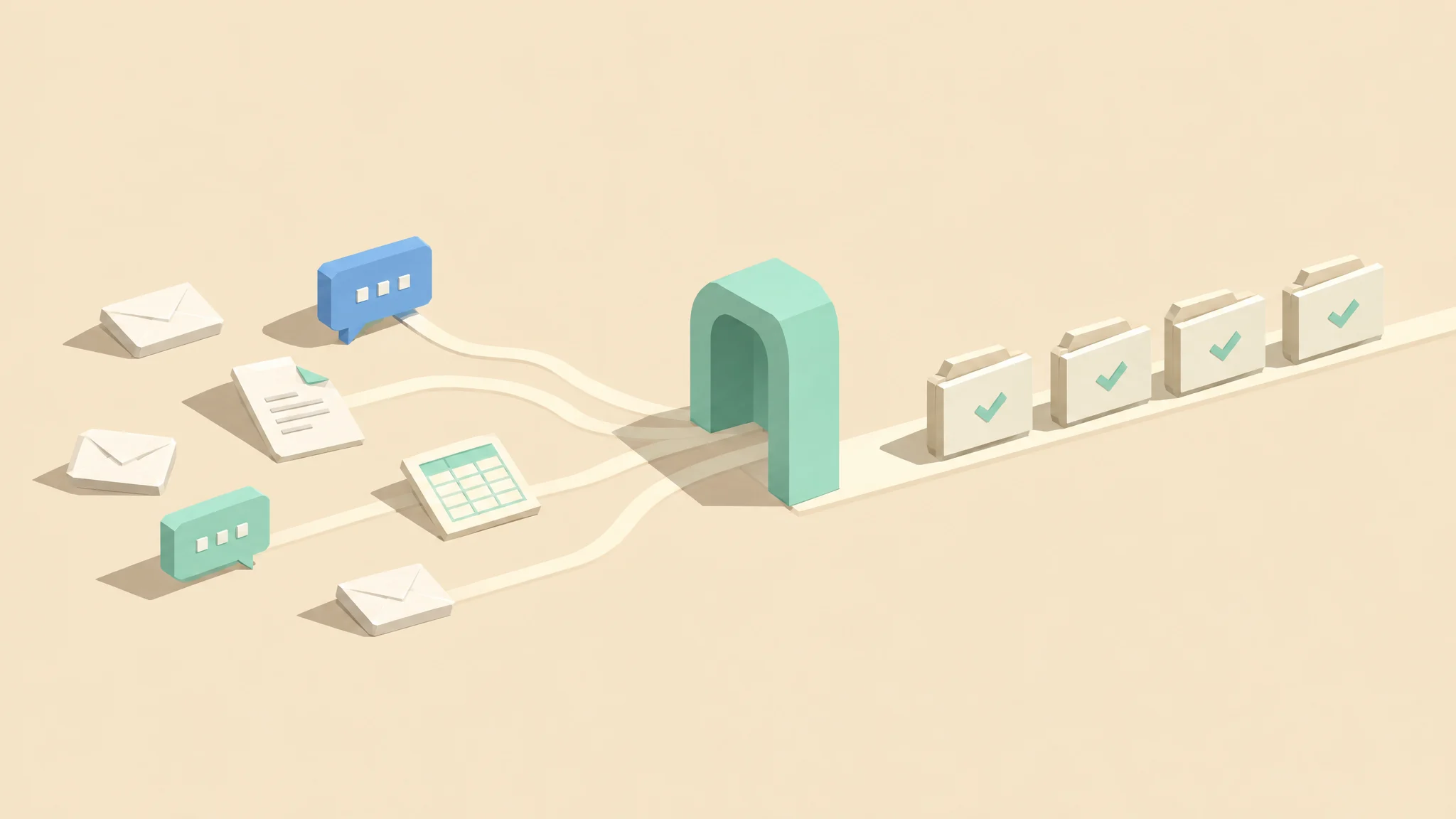 Scattered envelopes, chat messages and documents pass through a single legal front door and come out as one orderly row of tracked requests