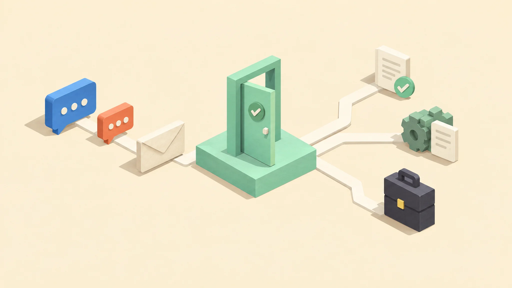 Isometric illustration of chat and email requests entering a mint green front door, then routing to a resolved document, an automated workflow, or a lawyer's briefcase