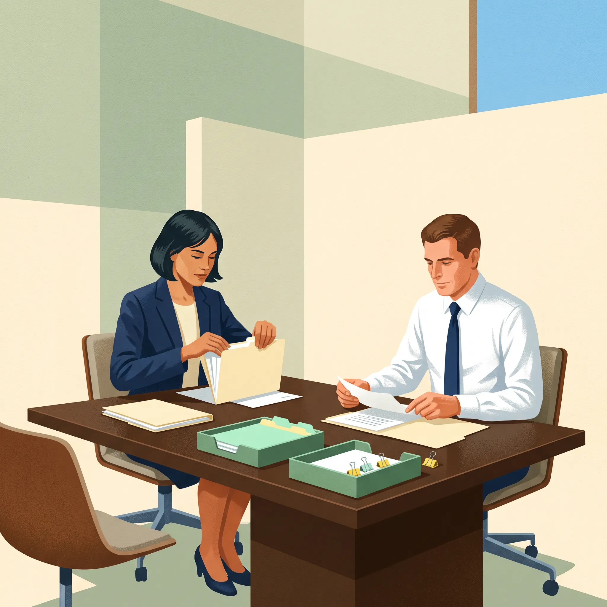 Illustration of two professionals organizing and reviewing work together at a desk