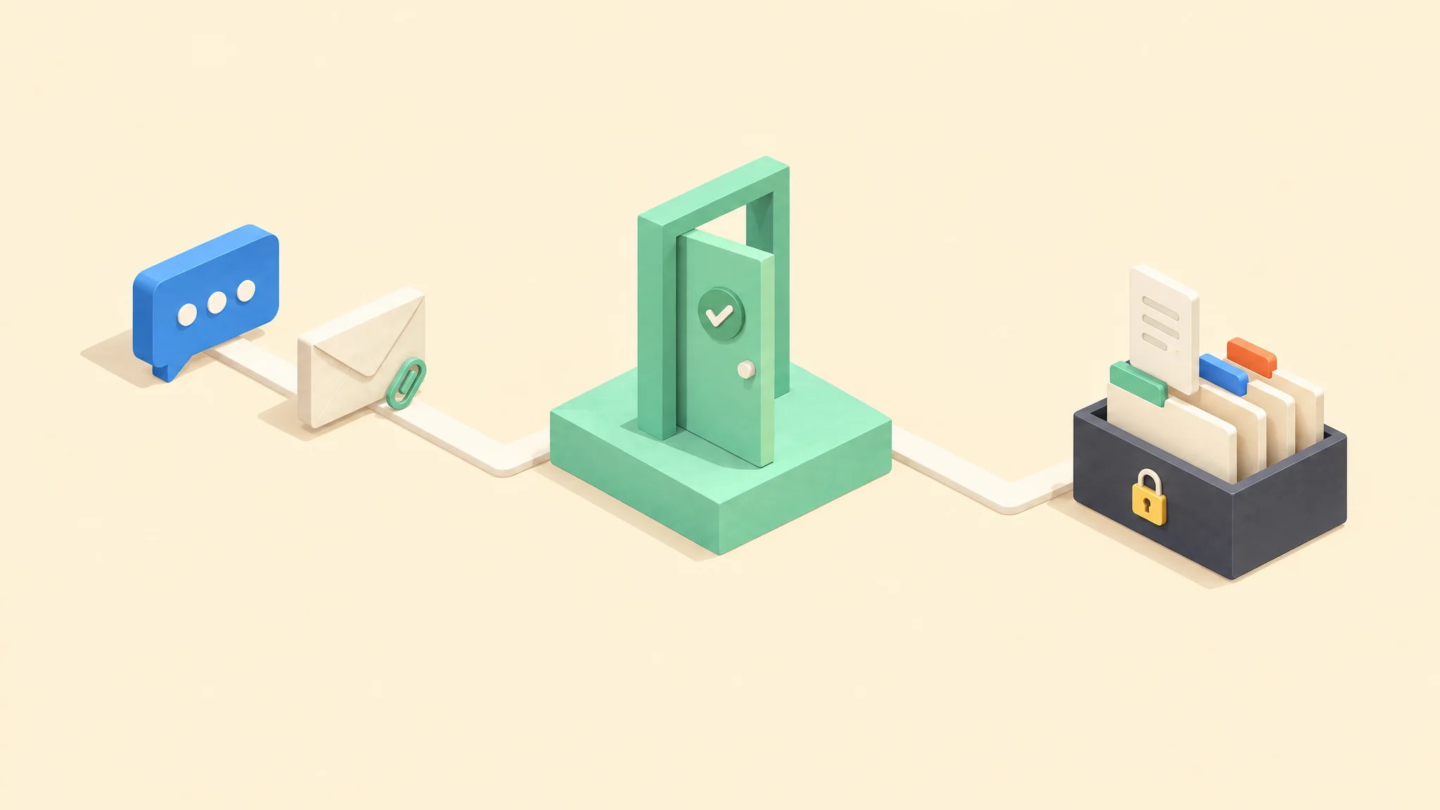 Isometric illustration of chat and email requests entering a mint green legal front door, then filed into labeled folders in a locked document repository