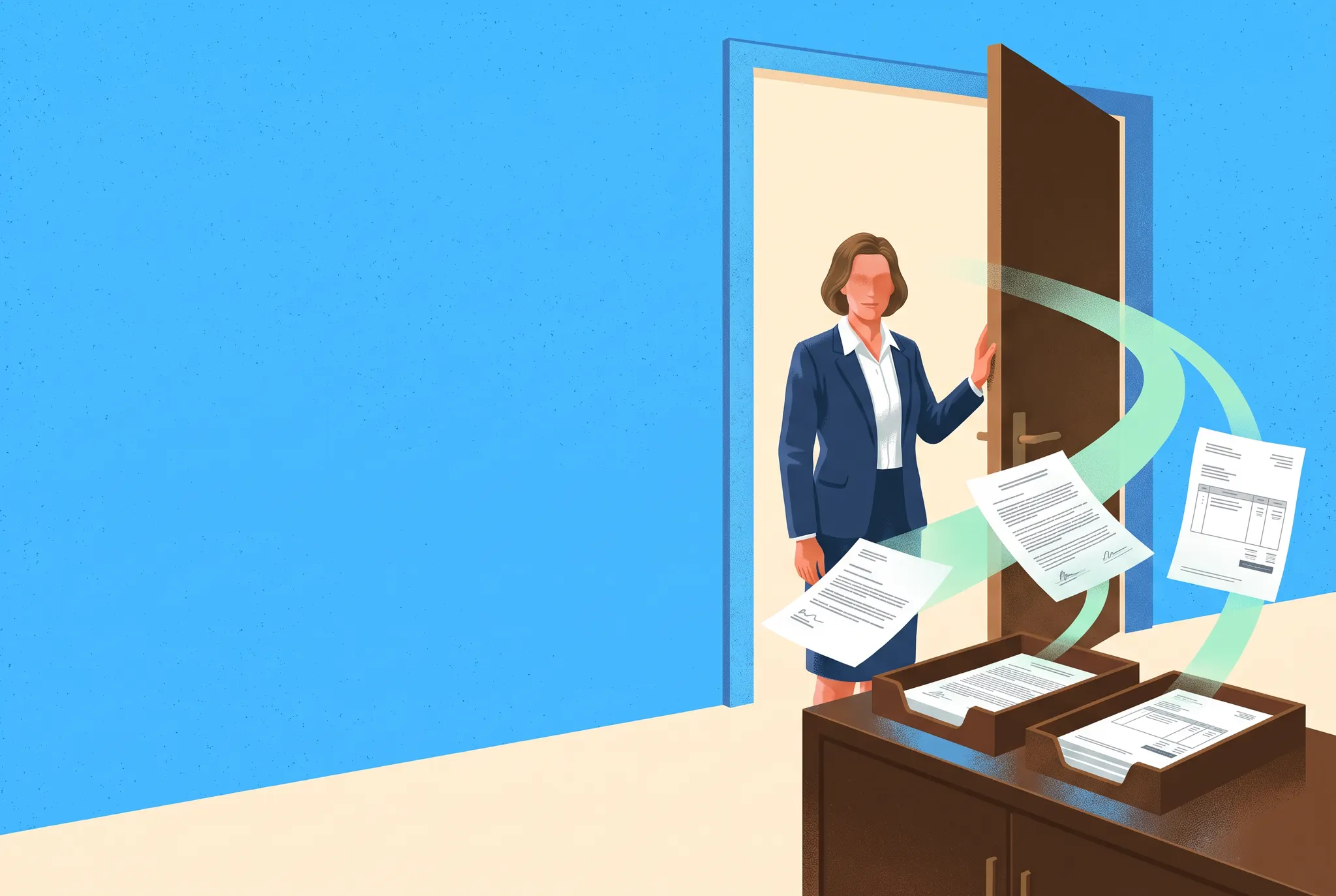 An illustrated legal front door organizing incoming contracts, invoices and requests