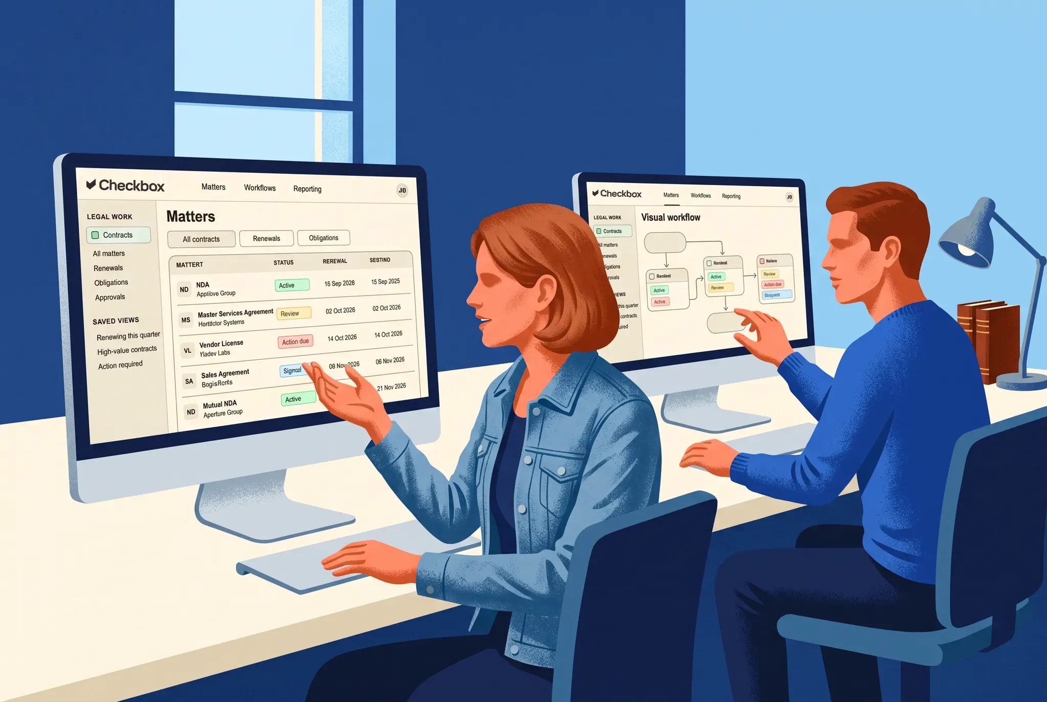 Illustration of law students using Checkbox technology on a university campus