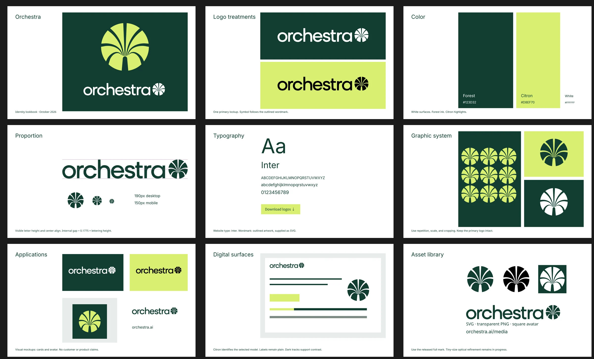 Nine-page Orchestra identity lookbook with logo, palette, typography and applications