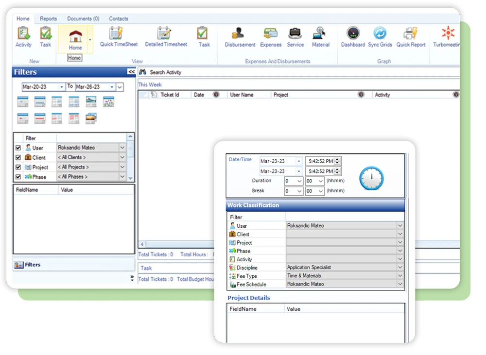 Actual Tracktive desktop interface showing project activity and timesheet tools