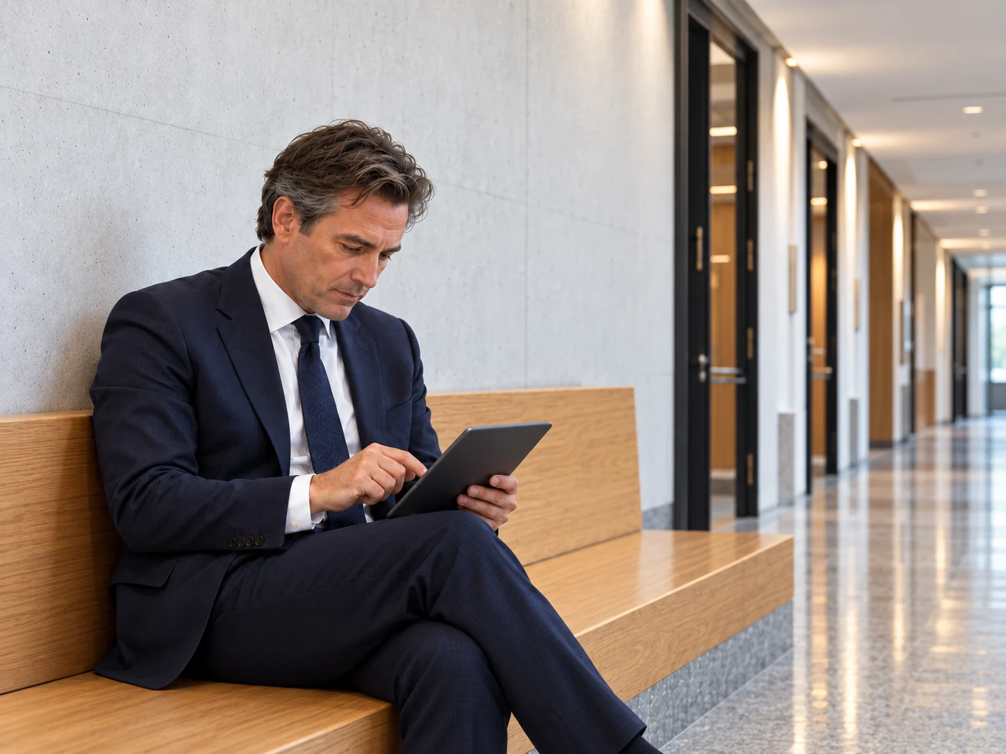 Lawyer reviewing case material on a tablet in a courthouse corridor