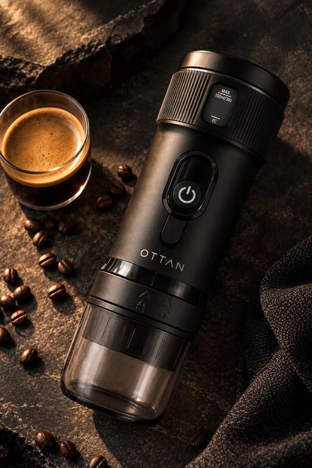 OTTAN Nord beside espresso and roasted coffee beans