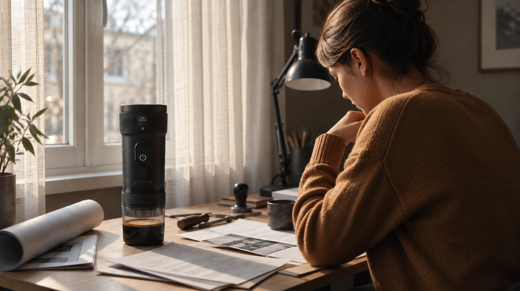 OTTAN Nord brewing espresso on a sunlit creative work desk