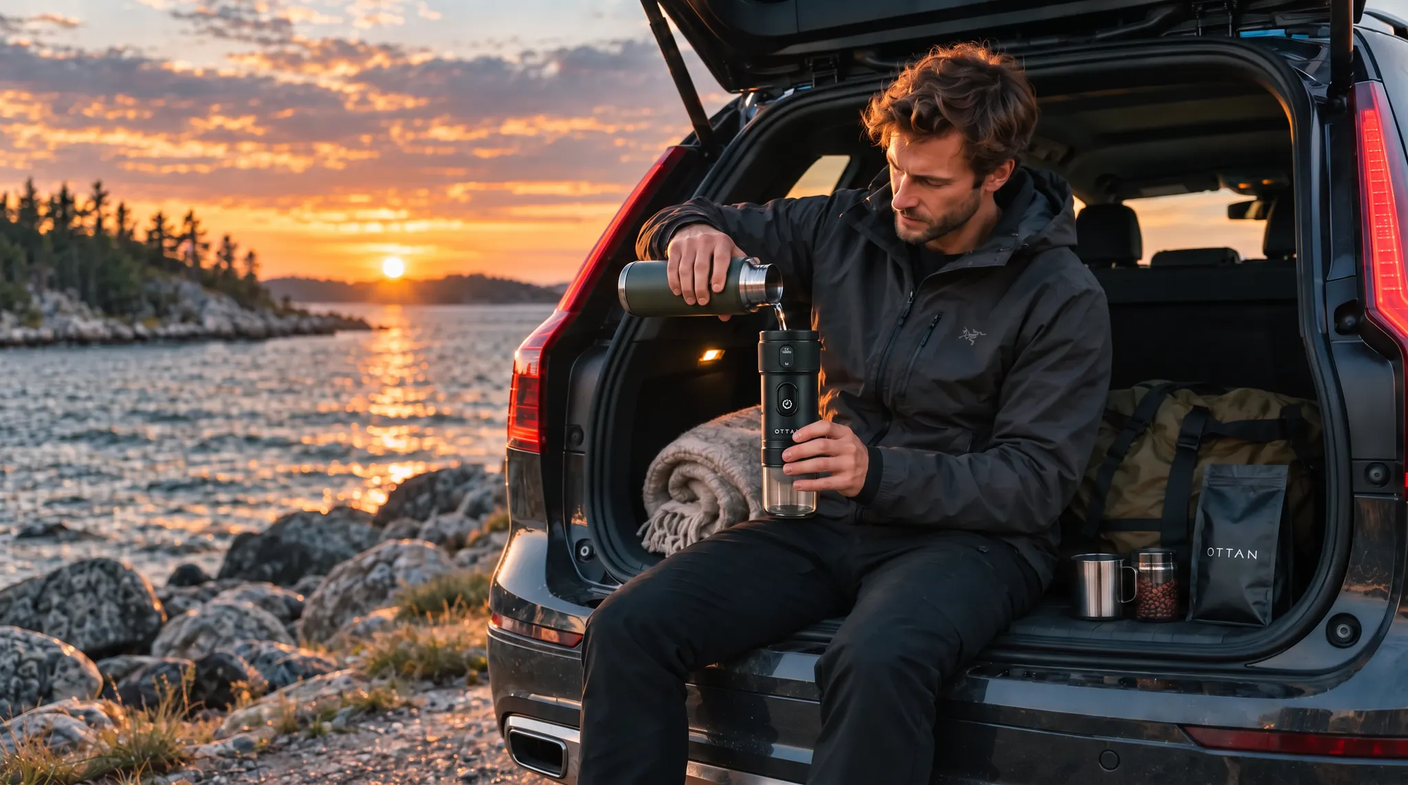 Preparing coffee with OTTAN Nord beside the Gothenburg archipelago at sunset