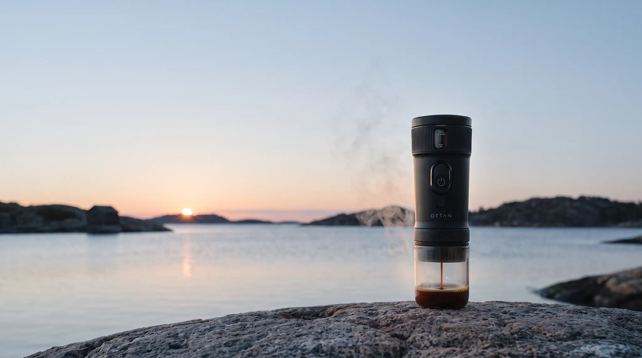 OTTAN Nord brewing espresso into its attached chamber as the sun rises over the Swedish archipelago