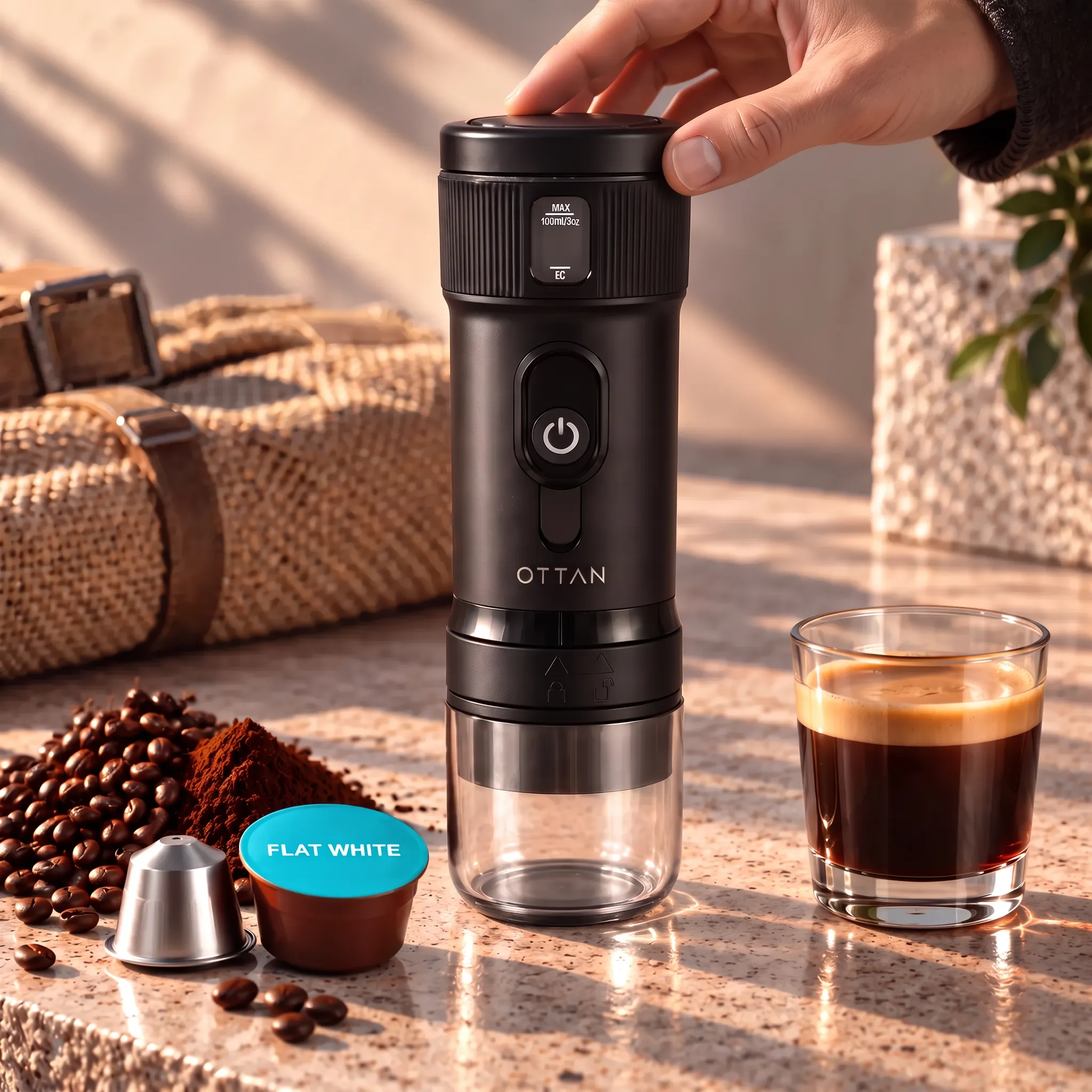 OTTAN Nord with ground coffee, compatible capsules and a finished espresso in warm morning light