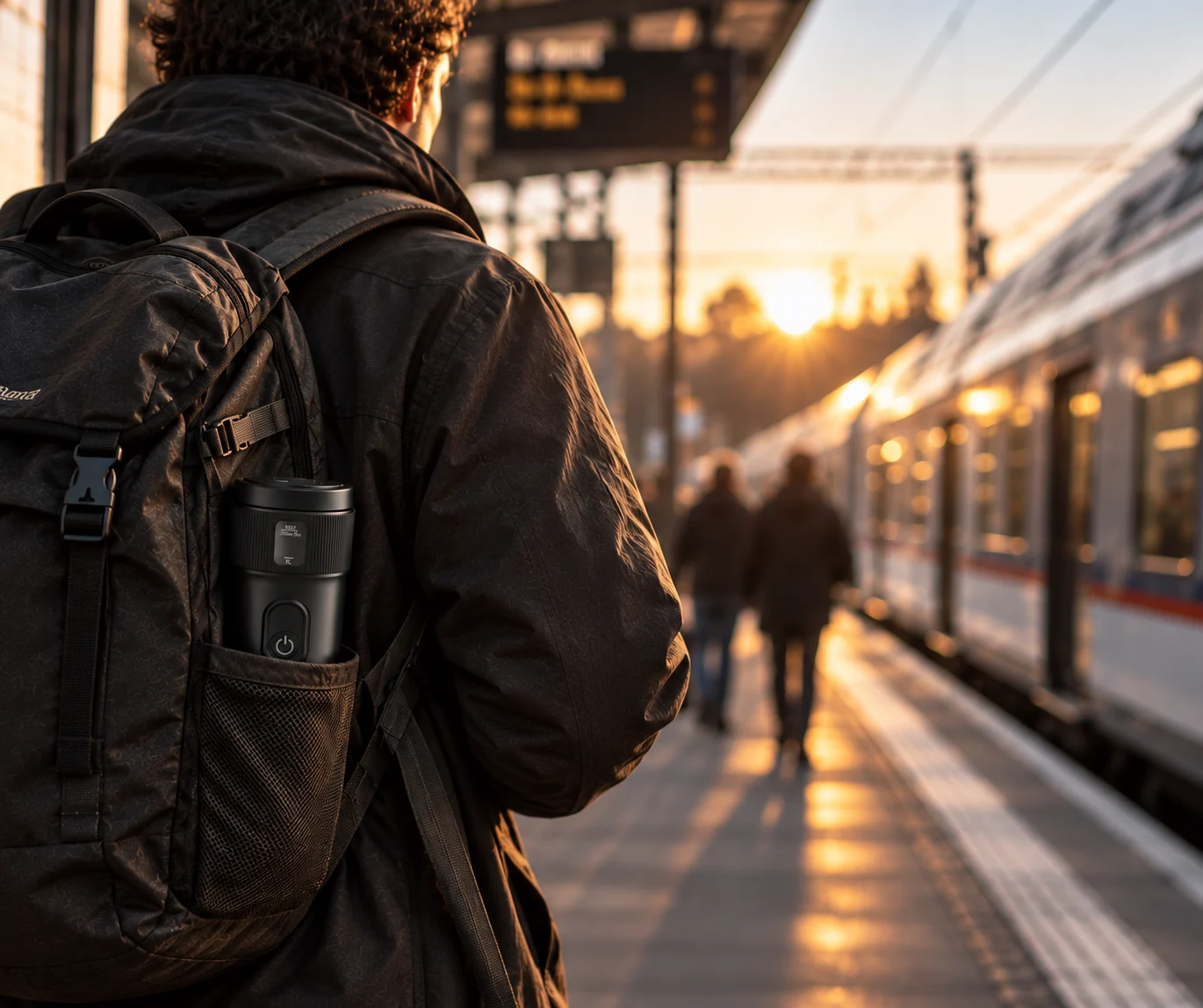 Traveler carrying OTTAN Nord in a backpack beside a train at sunrise