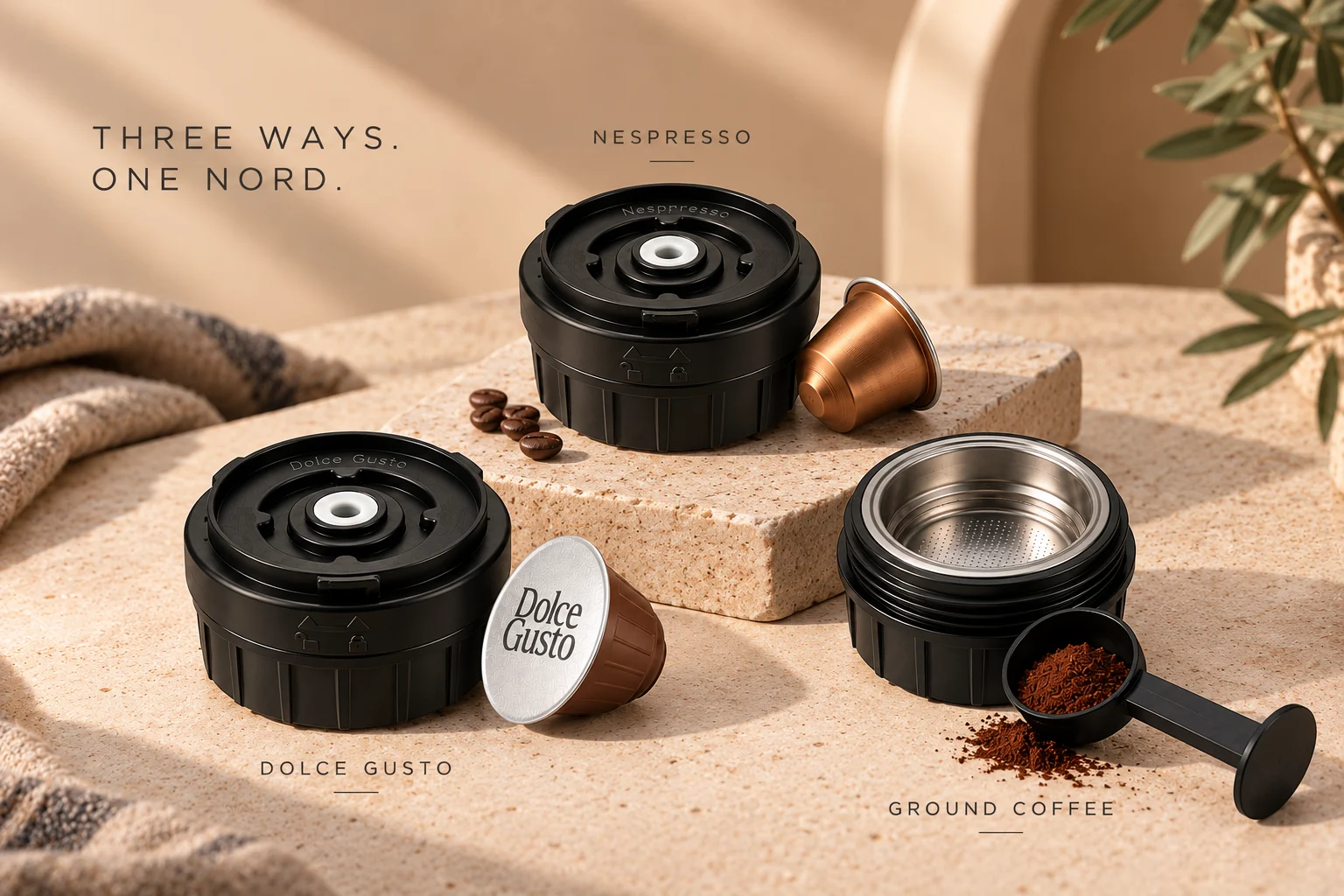 Three OTTAN Nord brewing formats for Nespresso-format capsules, Dolce Gusto capsules and ground coffee