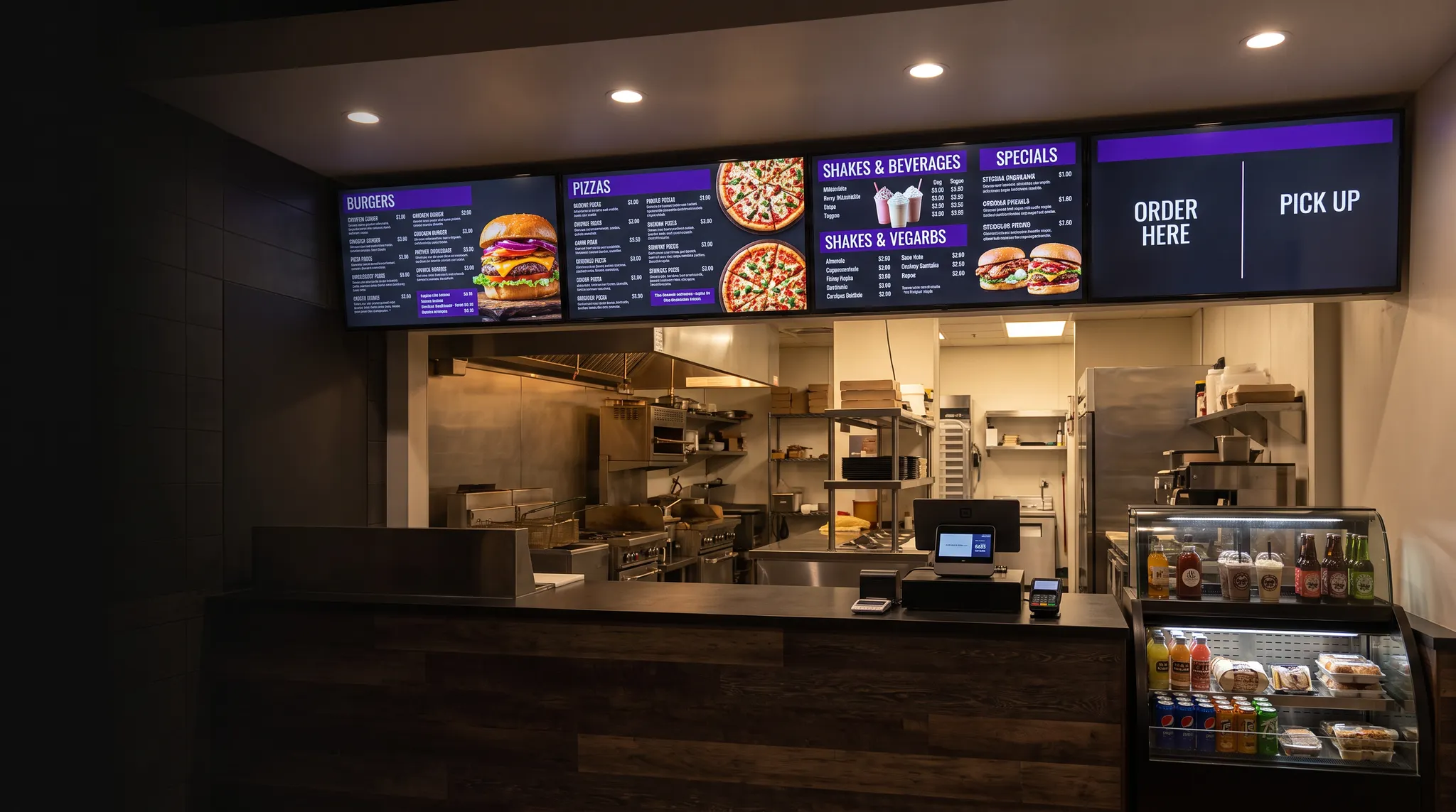Purple and black digital menu boards above a modern quick-service restaurant counter