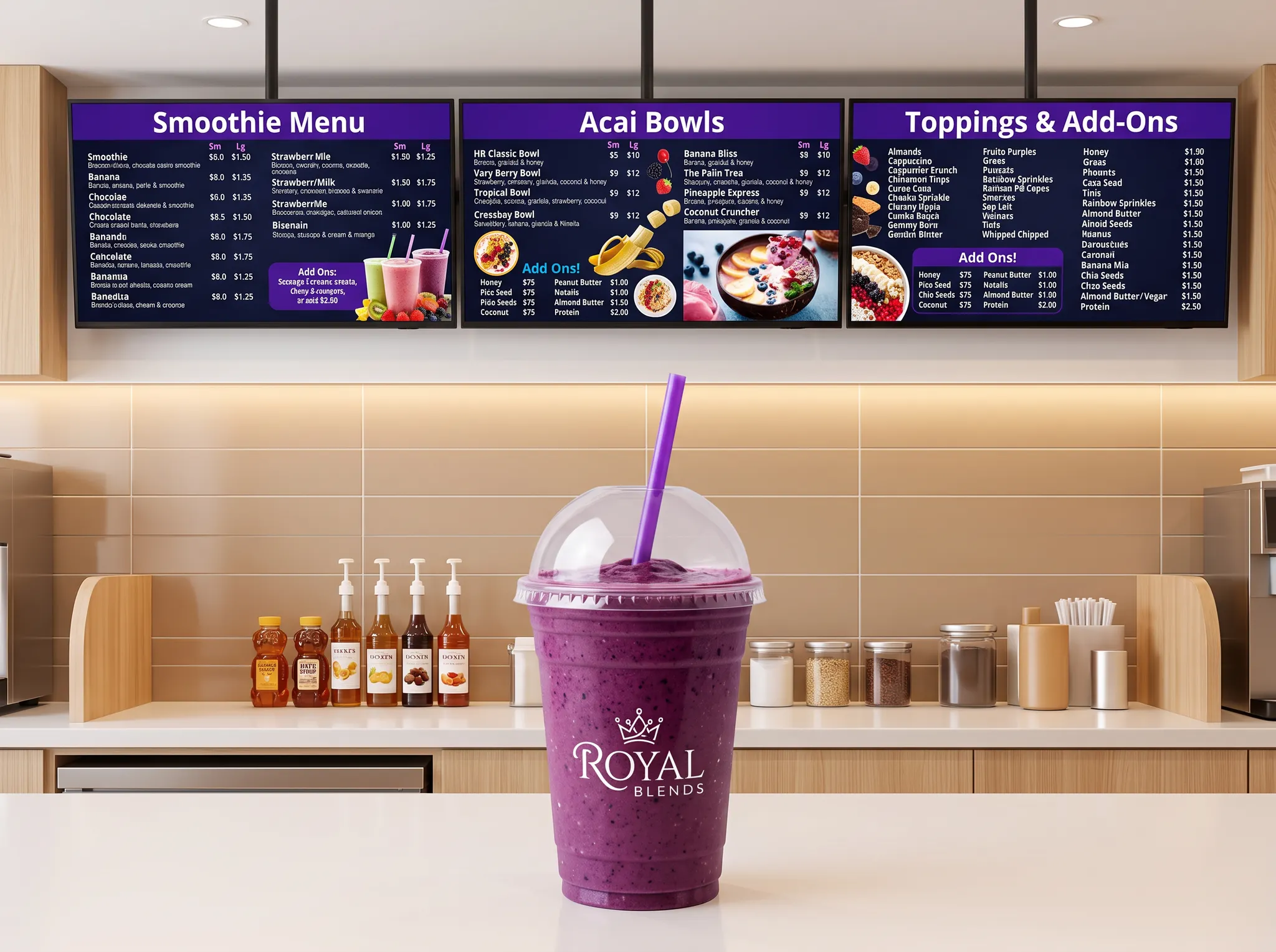 Custom digital menu boards inside an ice cream and smoothie shop