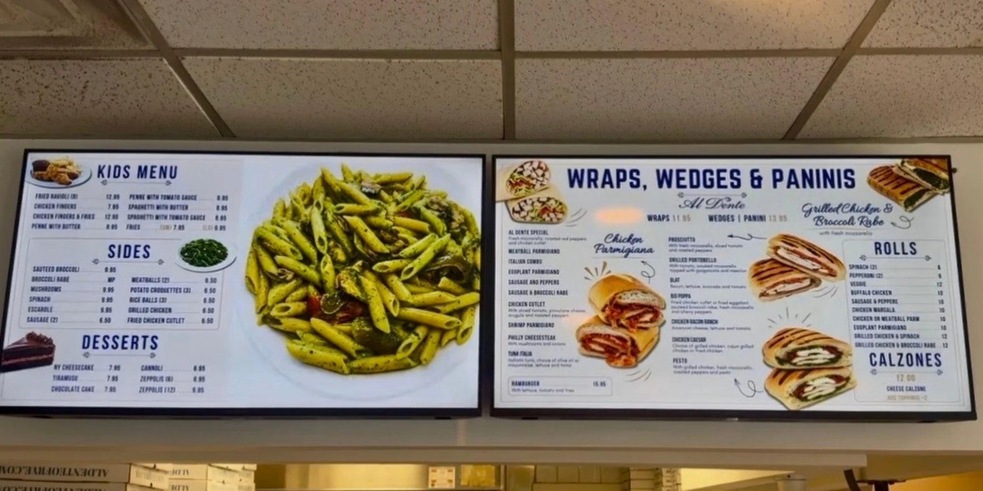 Restaurant digital menu boards with kids, sides, and pasta menus