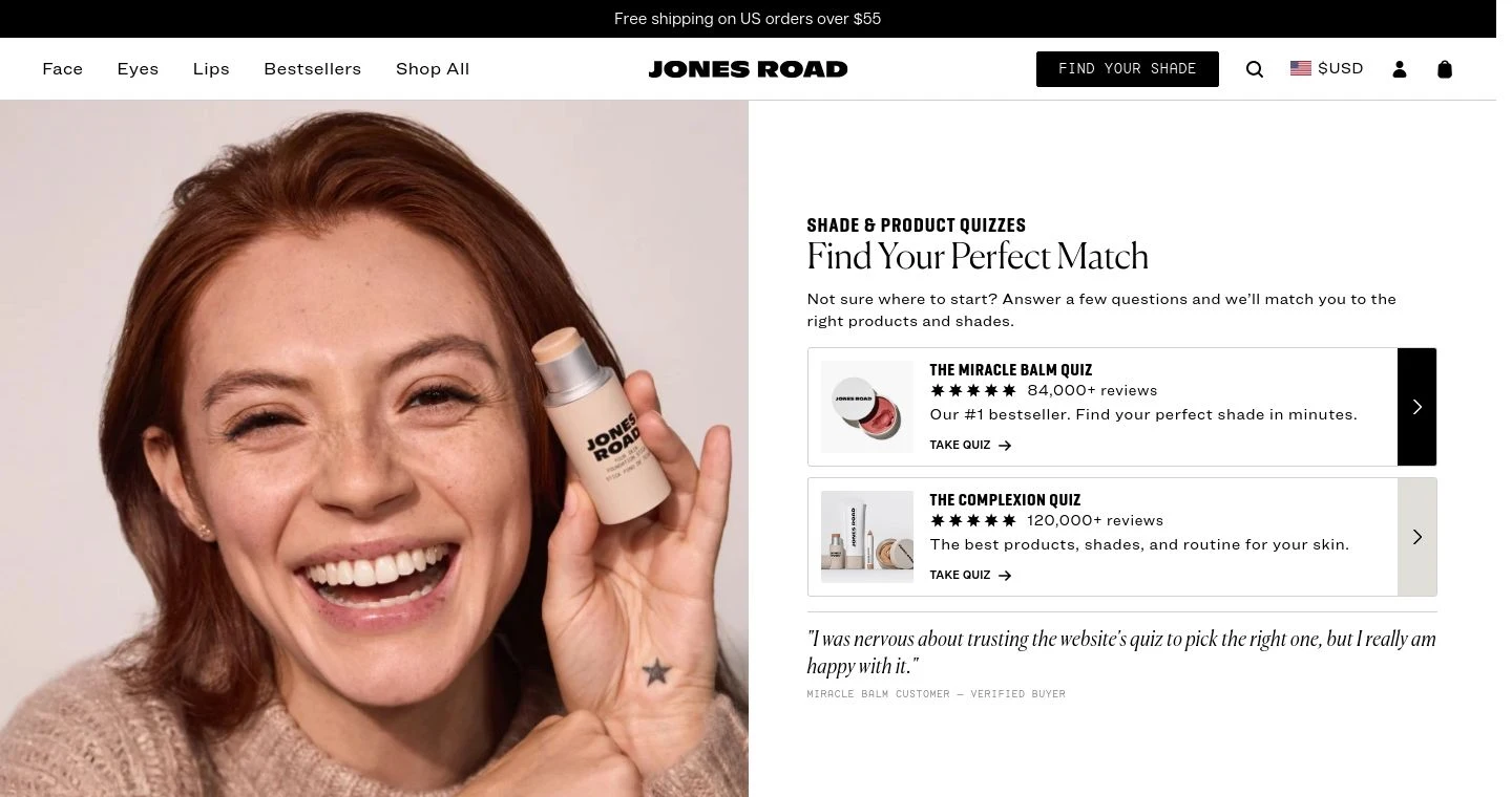 Jones Road Beauty Find Your Perfect Match quiz landing page