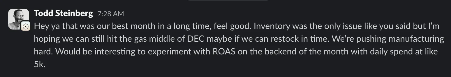 Client message celebrating the best month in a long time and discussing scaling daily ad spend after inventory is restocked