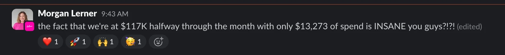 Client message celebrating 117 thousand dollars in revenue halfway through the month on 13,273 dollars in ad spend