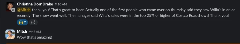 Client message reporting that a customer saw the brand in an ad and that Costco Roadshow sales ranked in the top 25 percent or higher