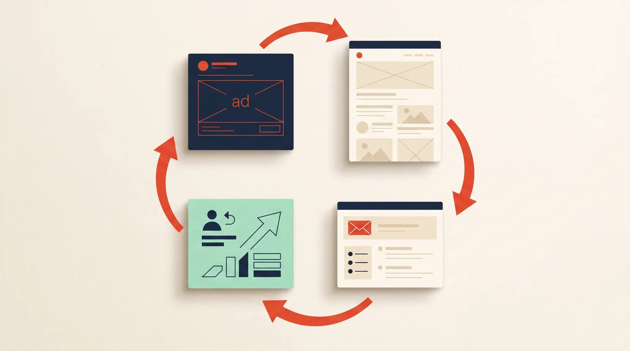 A connected loop linking a paid ad, landing page, email flow, and customer growth system