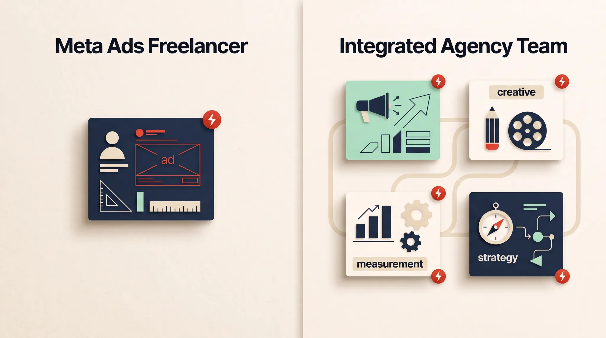 A solo Meta ads freelancer workspace compared with an integrated agency team system