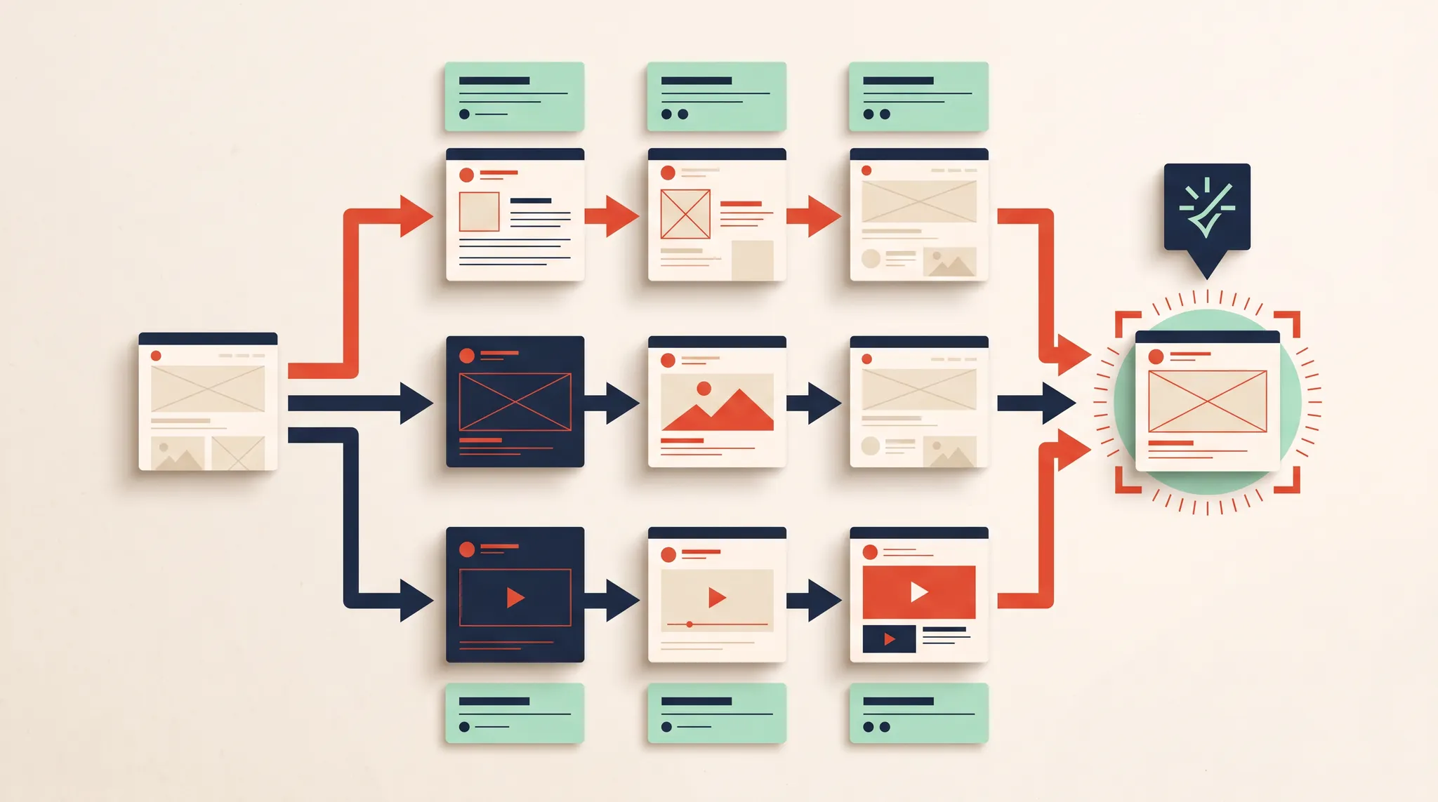 Multiple structured creative test paths converging on a winning paid-social ad concept